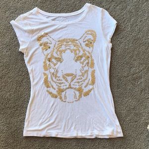 INC White short sleeve gold sequined tiger face